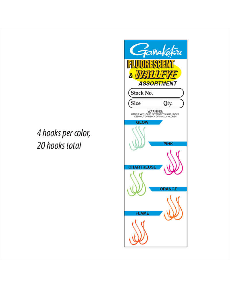 Gamakatsu Walleye Hooks Size 6 include 5 Assorted colors Pack of 20 02707 